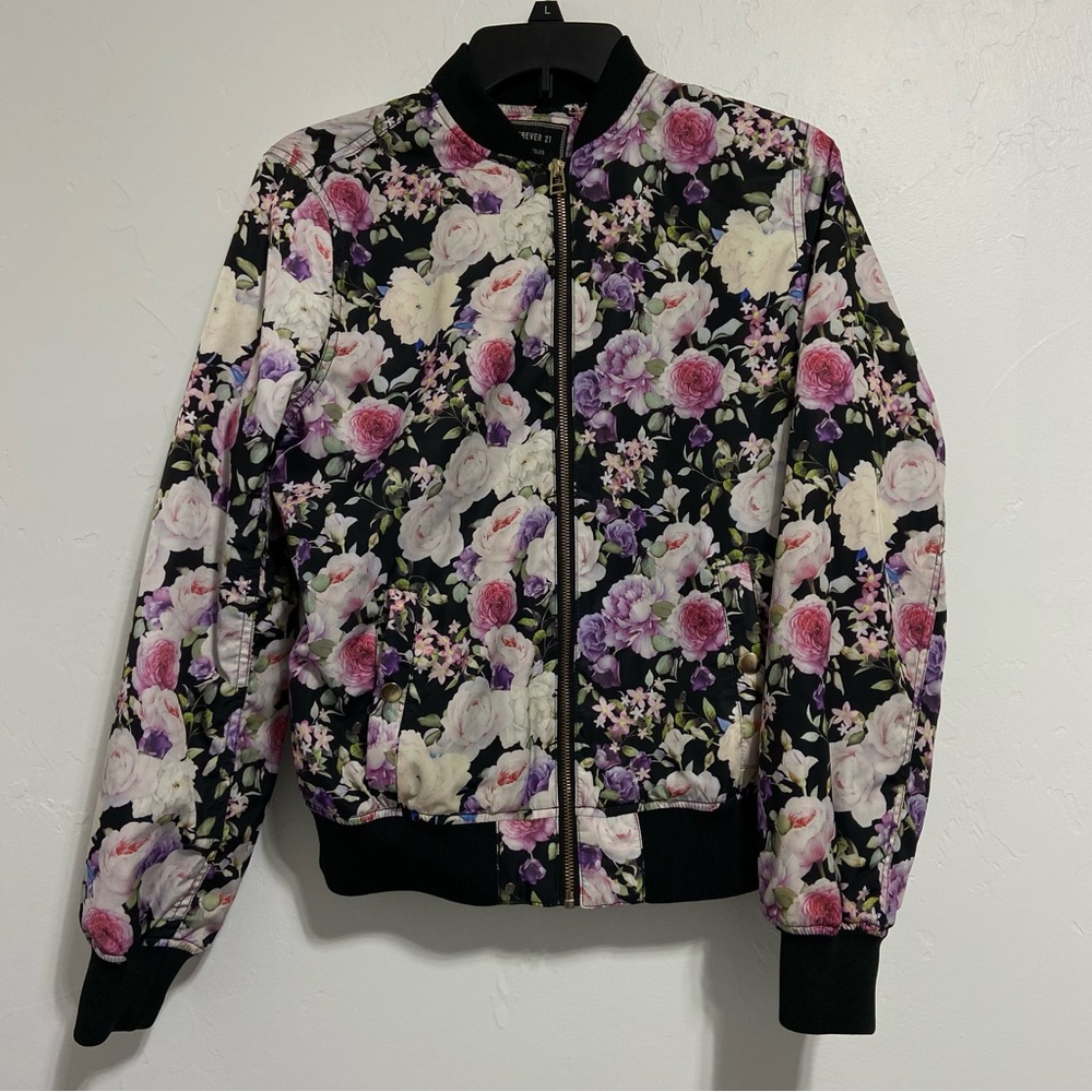 Forever 21 Floral Bomber Jacket Full Zip Women's Medium Black Pink